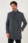 Düğmeli Dik Yaka Kırçıllı Slim Fit Kaşe Erkek Kaban 5841016 Lacivert Noktalı