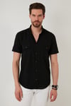 Düğmeli Yaka Pamuklu Slim Fit Cepli Erkek Gömlek CF21S111153 SİYAH