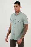 Düğmeli Yaka Pamuklu Slim Fit Cepli Erkek Gömlek CF21S111153 ELMA YEŞİLİ