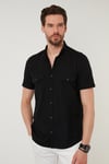 Düğmeli Yaka Pamuklu Slim Fit Cepli Erkek Gömlek CF21S111153 SİYAH
