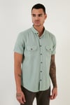 Düğmeli Yaka Pamuklu Slim Fit Cepli Erkek Gömlek CF21S111153 ELMA YEŞİLİ