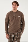 Ekose Regular Fit Bisiklet Yaka Kışlık Polar Erkek Pijama Takımı 609610013W4 CAMEL