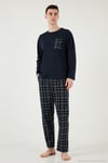 Ekoseli Cepli Beli Lastikli % 100 Pamuk Regular Fit Erkek Pijama Takımı 6572001 LACİVERT-YEŞİL