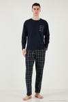 Ekoseli Cepli Beli Lastikli % 100 Pamuk Regular Fit Erkek Pijama Takımı 6572001 LACİVERT-YEŞİL