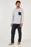 Ekoseli Cepli Beli Lastikli % 100 Pamuk Regular Fit Erkek Pijama Takımı 6572001 GRİ MELANJ