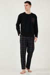 Ekoseli Cepli Beli Lastikli % 100 Pamuk Regular Fit Erkek Pijama Takımı 6572001 SİYAH-FÜME