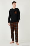 Ekoseli Cepli Beli Lastikli % 100 Pamuk Regular Fit Erkek Pijama Takımı 6572001 SİYAH-KAHVE
