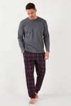 Ekoseli Pamuklu Beli Lastikli Regular Fit Uzun Kollu Erkek Pijama Takımı 6572003 FÜME