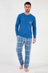 Ekoseli Pamuklu Bisiklet Yaka Erkek Pijama Takımı 6575007 MAVİ