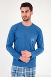 Ekoseli Pamuklu Bisiklet Yaka Erkek Pijama Takımı 6575007 MAVİ