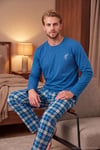 Ekoseli Pamuklu Bisiklet Yaka Uzun Kollu Erkek Pijama Takımı 6575003 İNDİGO