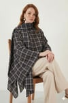 Ekoseli Pamuklu Oversize Fit Fular Yakalı Kadın Panço 6925472 LACİVERT