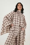 Ekoseli Pamuklu Oversize Fit Fular Yakalı Kadın Panço 6925472 KAHVE