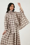 Ekoseli Pamuklu Oversize Fit Fular Yakalı Kadın Panço 6925472 KAHVE