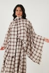 Ekoseli Pamuklu Oversize Fit Fular Yakalı Kadın Panço 6925472 KAHVE