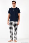 Ekoseli Pamuklu Regular Fit Kısa Kollu Erkek Pijama Takımı 60961007 LACİVERT-BEYAZ