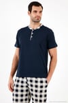 Ekoseli Pamuklu Regular Fit Kısa Kollu Erkek Pijama Takımı 60961007 LACİVERT-BEYAZ