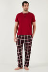Ekoseli Pamuklu Regular Fit Kısa Kollu Erkek Pijama Takımı 60961007 BORDO