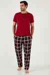 Ekoseli Pamuklu Regular Fit Kısa Kollu Erkek Pijama Takımı 60961007 BORDO