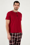 Ekoseli Pamuklu Regular Fit Kısa Kollu Erkek Pijama Takımı 60961007 BORDO