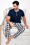 Ekoseli Pamuklu Regular Fit Kısa Kollu Erkek Pijama Takımı 60961007 LACİVERT-BEYAZ