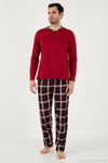 Ekoseli Pamuklu Regular Fit Uzun Kollu Erkek Pijama Takımı 60961005 BORDO