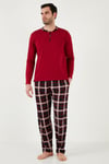 Ekoseli Pamuklu Regular Fit Uzun Kollu Erkek Pijama Takımı 60961005 BORDO