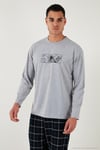 Ekoseli Pamuklu Regular Fit Yüksek Bel Bisiklet Yaka Erkek Pijama Takımı 6574000 GRİ