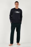 Ekoseli Pamuklu Regular Fit Yüksek Bel Bisiklet Yaka Erkek Pijama Takımı 6574000 LACİVERT
