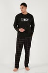 Ekoseli Pamuklu Regular Fit Yüksek Bel Bisiklet Yaka Erkek Pijama Takımı 6574000 SİYAH