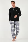 Ekoseli Regular Fit Düğmeli Bisiklet Yaka Kışlık Polar Erkek Pijama Takımı 60961008 SİYAH