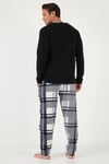 Ekoseli Regular Fit Düğmeli Bisiklet Yaka Kışlık Polar Erkek Pijama Takımı 60961008 SİYAH
