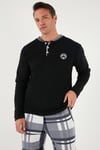 Ekoseli Regular Fit Düğmeli Bisiklet Yaka Kışlık Polar Erkek Pijama Takımı 60961008 SİYAH
