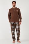 Ekoseli Regular Fit Düğmeli Bisiklet Yaka Kışlık Polar Erkek Pijama Takımı 60961002 CAMEL
