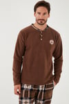 Ekoseli Regular Fit Düğmeli Bisiklet Yaka Kışlık Polar Erkek Pijama Takımı 60961002 CAMEL