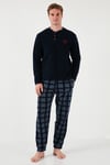 Ekoseli Regular Fit Düğmeli Bisiklet Yaka Kışlık Polar Erkek Pijama Takımı 60961002 LACİVERT
