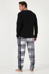 Ekoseli Regular Fit Düğmeli Bisiklet Yaka Kışlık Polar Erkek Pijama Takımı 60961008 SİYAH