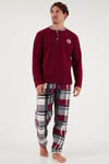 Ekoseli Regular Fit Düğmeli Bisiklet Yaka Kışlık Polar Erkek Pijama Takımı 60961008 BORDO