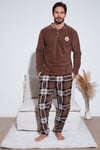 Ekoseli Regular Fit Düğmeli Bisiklet Yaka Kışlık Polar Erkek Pijama Takımı 60961002 CAMEL