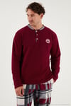 Ekoseli Regular Fit Düğmeli Bisiklet Yaka Kışlık Polar Erkek Pijama Takımı 60961008 BORDO