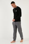 Ekoseli Regular Fit Düğmeli Bisiklet Yaka Kışlık Polar Erkek Pijama Takımı 60961002 SİYAH