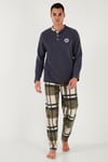Ekoseli Regular Fit Düğmeli Bisiklet Yaka Kışlık Polar Erkek Pijama Takımı 60961008 GRİ