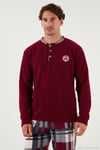 Ekoseli Regular Fit Düğmeli Bisiklet Yaka Kışlık Polar Erkek Pijama Takımı 60961008 BORDO
