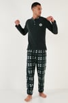 Ekoseli Regular Fit Düğmeli Bisiklet Yaka Kışlık Polar Erkek Pijama Takımı 60961002 YEŞİL