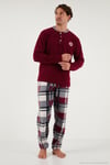 Ekoseli Regular Fit Düğmeli Bisiklet Yaka Kışlık Polar Erkek Pijama Takımı 60961008 BORDO
