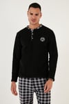 Ekoseli Regular Fit Düğmeli Bisiklet Yaka Kışlık Polar Erkek Pijama Takımı 60961002 SİYAH