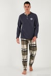 Ekoseli Regular Fit Düğmeli Bisiklet Yaka Kışlık Polar Erkek Pijama Takımı 60961008 GRİ