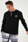 Ekoseli Regular Fit Düğmeli Bisiklet Yaka Kışlık Polar Erkek Pijama Takımı 60961008 SİYAH