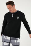 Ekoseli Regular Fit Düğmeli Bisiklet Yaka Kışlık Polar Erkek Pijama Takımı 60961008 SİYAH