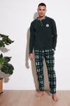 Ekoseli Regular Fit Düğmeli Bisiklet Yaka Kışlık Polar Erkek Pijama Takımı 60961002 YEŞİL